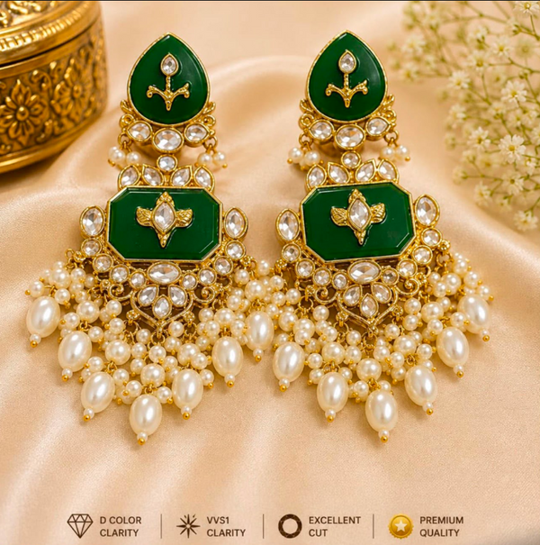 Royal Emerald Kundan Pearl Chandbali Earrings