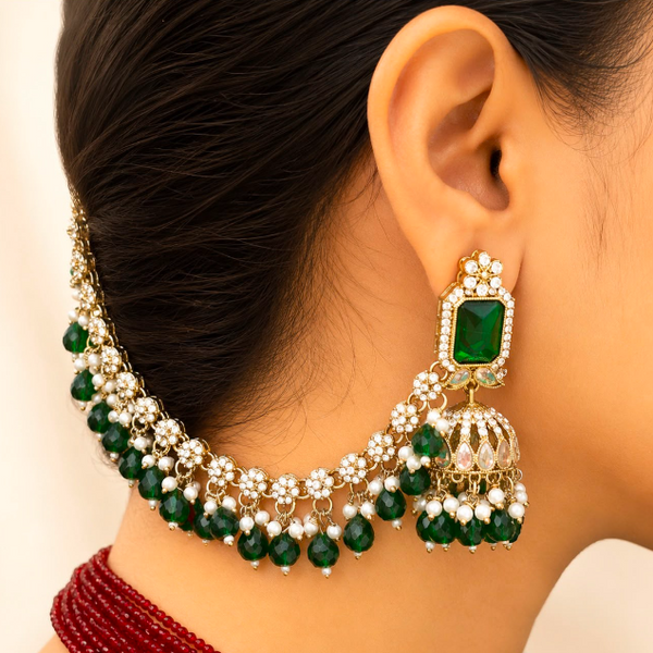 Emerald Bridal Ear Chain Jhumka Earrings